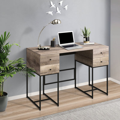 Bureau rustique en chêne rustique et noir pour le travail de bureau - 4 tiroirs et écriture rectangulaire portuaire avec chêne spacieux / noir