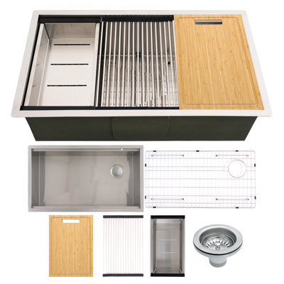 SleekSteel 33 in. x 19 in. 16 Gauge Stainless Steel Undermount Workstation Kitchen Sink with Accessories