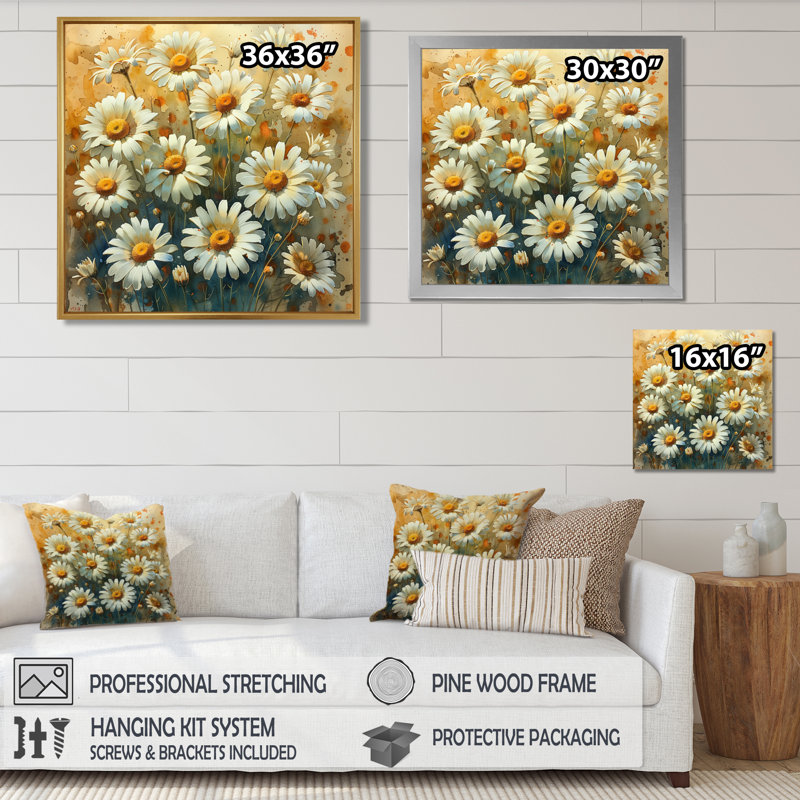 Jaune et blanc, marguerites d'été, fleurs, explosion IV - marguerites, art mural, Toile tendue, H 16 po x l 16 po