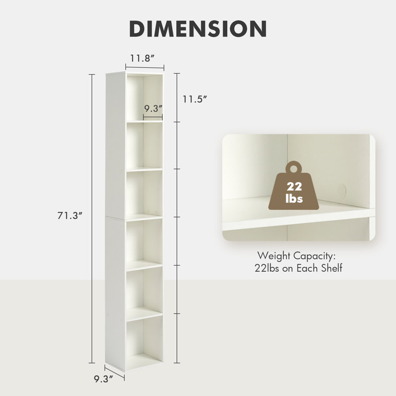 Bibliothèque d'angle étroite 6 niveaux, bibliothèque cubique avec rangement pour petits espaces, maison, bureau, Blanc