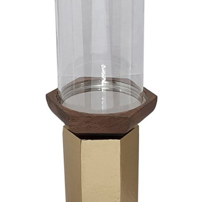 Gemo Hurricane Candle Holder With Gold Base, Mango Wood Accent 20 Inch