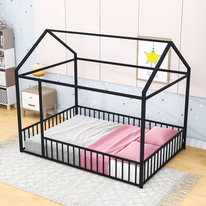 Full Size Metal House-Shaped Bed With With Roof And Fence, Black