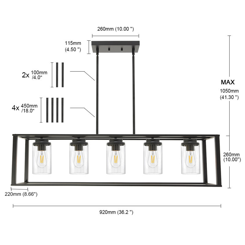 Luminaire suspendu carré / rectangulaire pour îlot de cuisine à 5 lumières Rawland, Noir, H 41,3 po x l 36,2 po x P 8,66 po