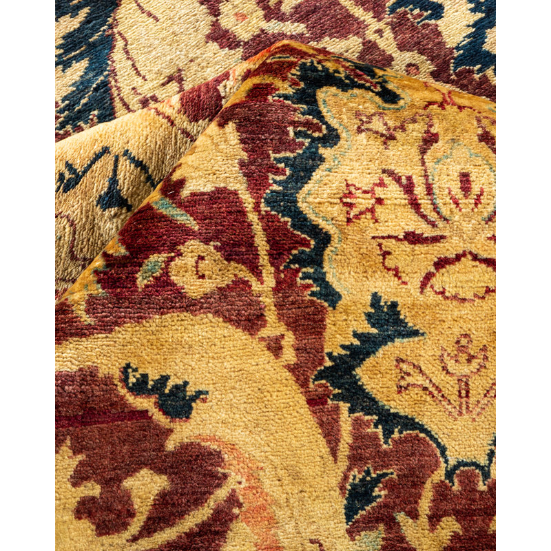 Tapis beige / bleu marine / rouge noué à la main de conception unique 8 pi x 10 pi 4 po Keenan