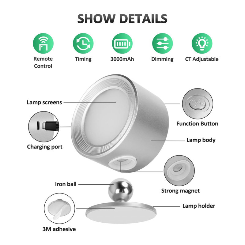 LED Wall Light Rechargeable Battery Operated With Remote, Magnetic Rotation,3 Pcs, Silver
