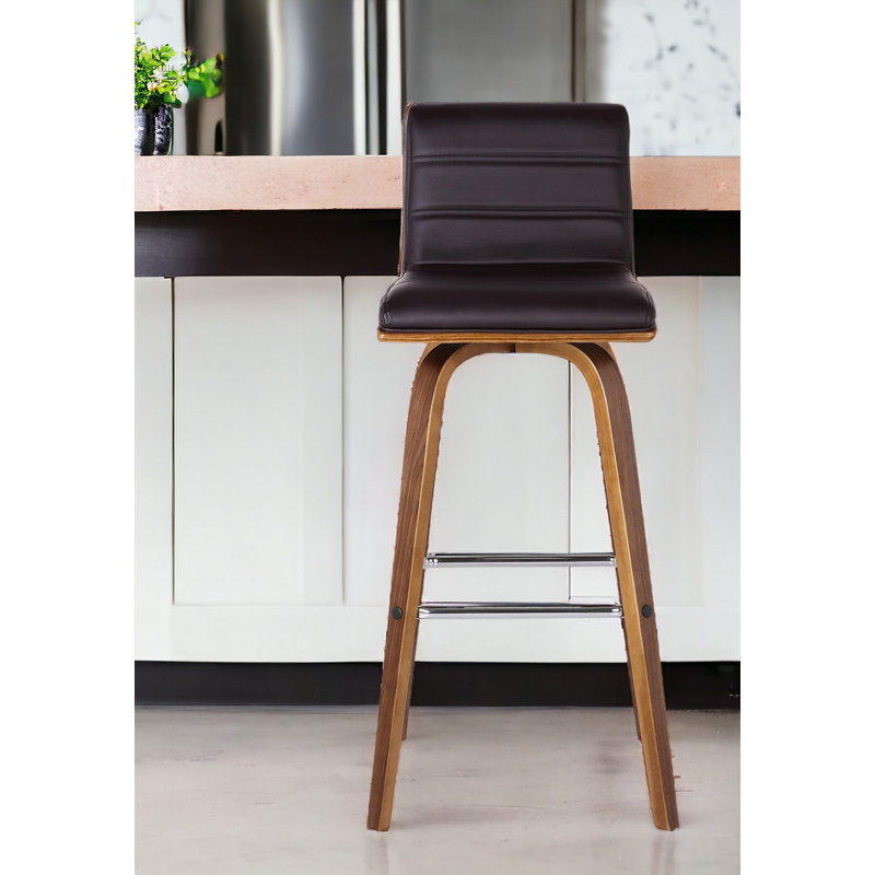 26” Faux Leather Wooden Swivel Bar Stool, Black/Brown