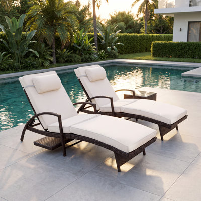 2 Piece Outdoor Wicker Chaise Lounge Set Adjustable Pool Lounge Chairs with Cushions and Built-in Side Table
