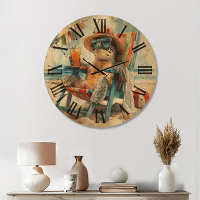 Grande horloge murale en bois côtier - Tortue sur la plage relaxante