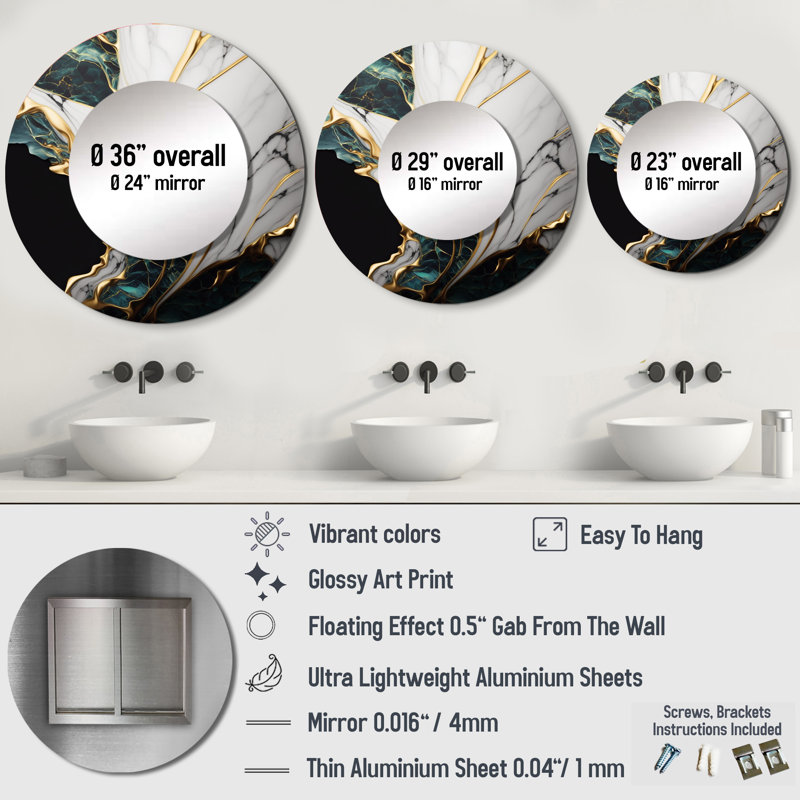 Petteri Abstract Geode Gold And Green Marble III - Marble Large Wall Mirror, Green Round Unique Mirror, Printed Metal Art