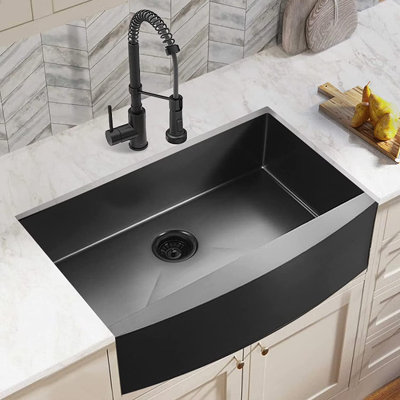 30-inch Gunmetal Black Farmhouse Kitchen Sink W/ Faucet, 16 Gauge Stainless Steel Apron Front Kitchen Sink With Accessories