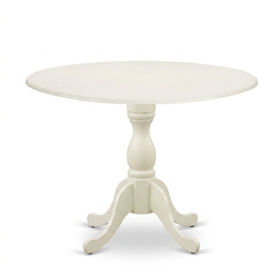 Ensemble de salle à manger 3 pièces en bois blanc lin avec chaises à dossier à lattes et table à pied central.