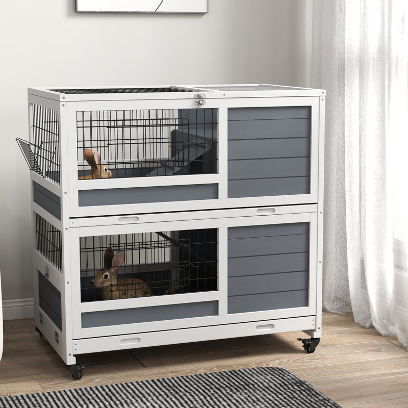 2 cages à lapins avec roulettes et caractéristiques - auge intérieure en bois gris pour cochon d'Inde, plateaux amovibles, plateau ouvert avec rampes pour 1 ou 2 lapins remplaçables de 35,5 po, avec partie supérieure