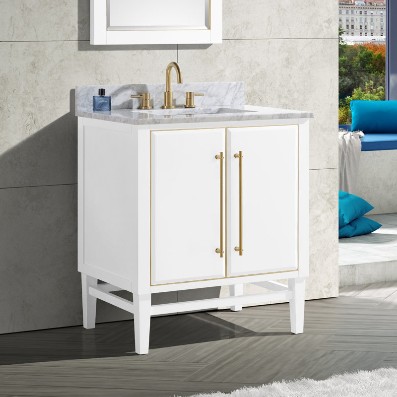 Base de meuble-lavabo simple 30 po Ewen seulement, Bleu marine, Or