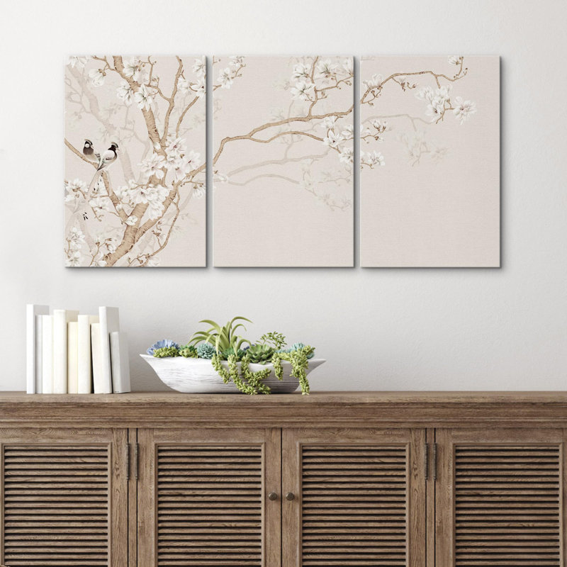 Oiseau en cerisier en fleurs, minimaliste, illustrations, art moderne, botanique, floral, maison de campagne, Toile tendue