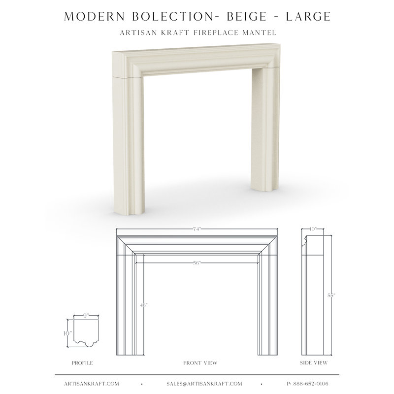 Encadrement de foyer moderne en pierre de fonte avec foyer standard, Beige, P 7,5 po x l 74 po x H 52 po
