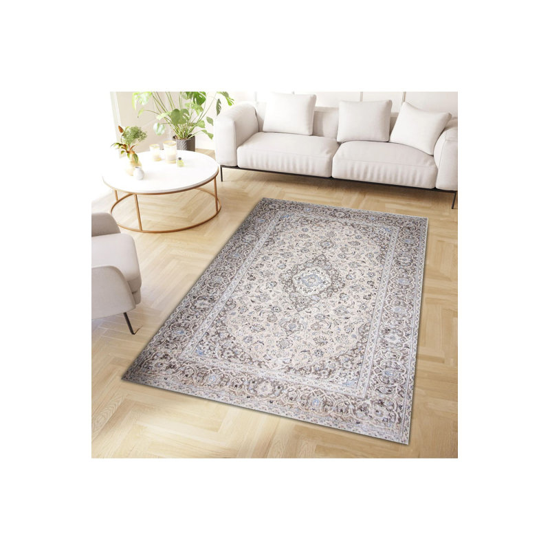 Tapis décoratif lavable à la machine à motifs traditionnels gris, Rectangle 3 pi 3 po x 4 pi 11 po