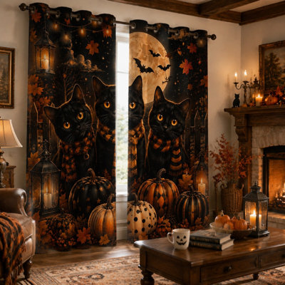 Lot de 2 rideaux d'Halloween avec chat noir, motif fantaisiste de chauves-souris, pleine lune, citrouilles et feuilles d'automne, idéal pour décorer un salon ou une chambre.