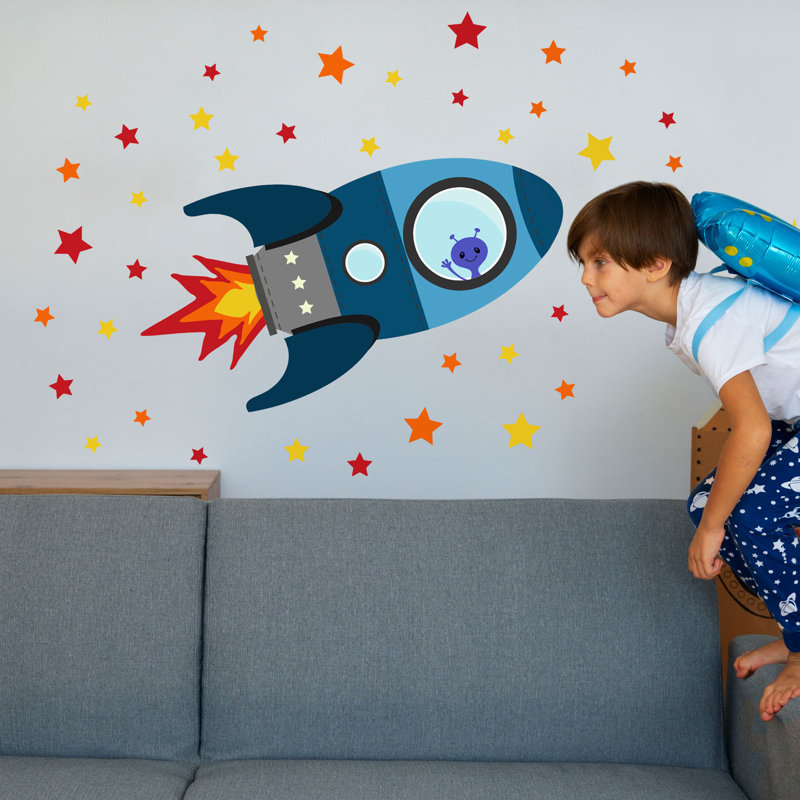 Flying Rocket Wall Stickers, 37cm H x 57cm W, Blue