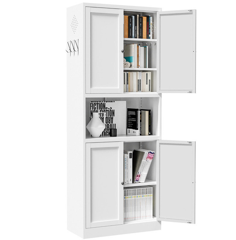 Armoire de rangement de 72 po de hauteur en acier blanc avec grand comptoir, tablettes et crochets réglables, armoire de style moderne robuste