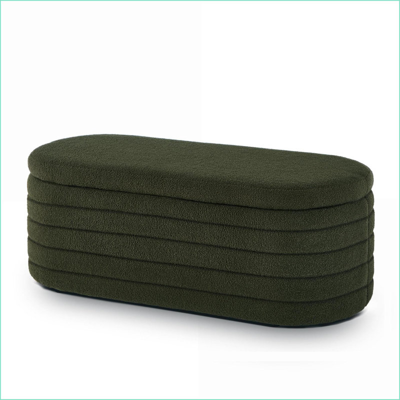 Banc de rangement avec repose-pieds, tissu moderne vert foncé Teddy Boucle | Rangement à charnières de sécurité | Chambre à coucher, salon, entrée