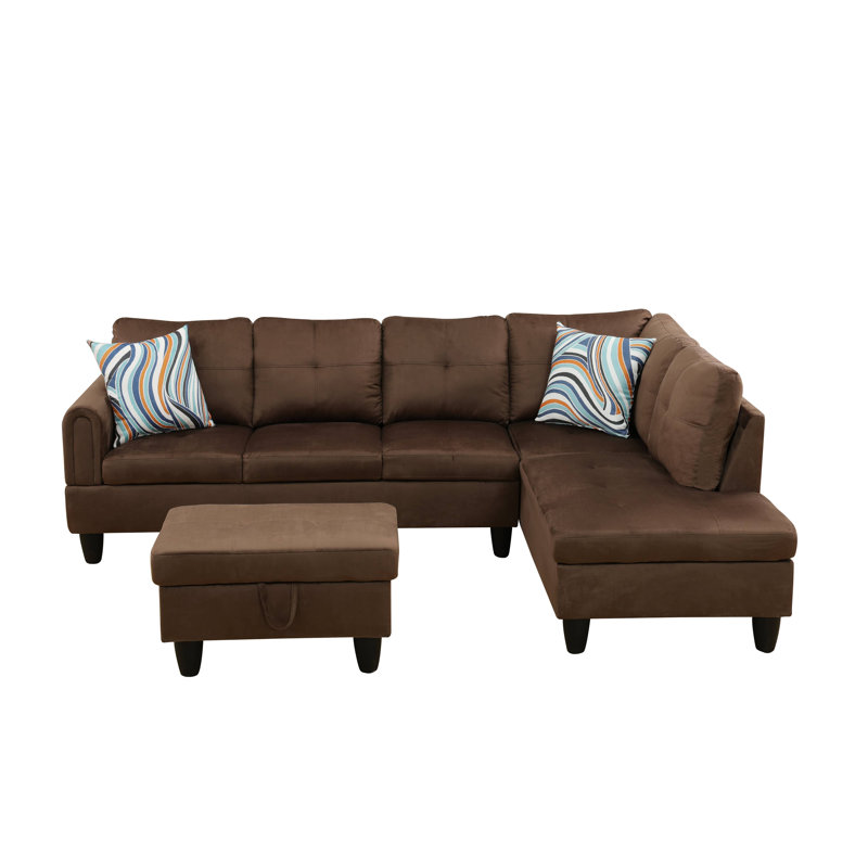 Canapé modulaire rembourré 3 pièces avec méridienne et repose-pieds, Tissu brun, Accoudoir à droite (vu de face)
