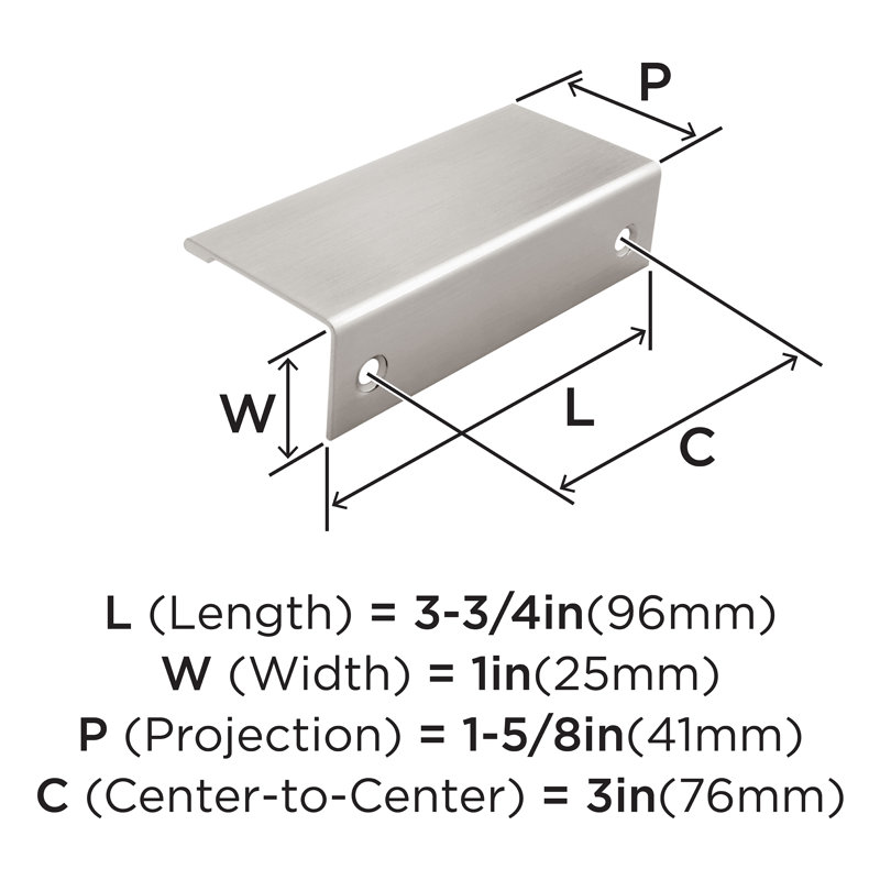 Poignées de bord d'armoire en nickel satiné de centre à centre de 3 pouces (76 mm) - paquet de 10, Nickel satiné