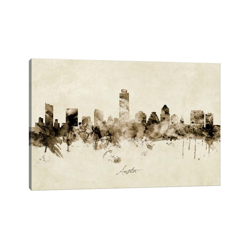 «Austin Texas Skyline» par Michael Tompsett - peinture sur toile tendue, H 12 po x l 18 po x 1,5 po