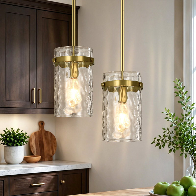 Levona 1 - Light Large Kitchen Island Pendant With Clear Hammered Glass Shade(Set Of 2), Gold
