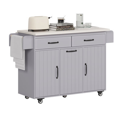 Kitchen Island With Trash Can Storage Cabinet, Kitchen Cart With Drop Leaf, Spice Rack, Towel Rack And Drawer, Rolling Kitchen Island On Wheels With A