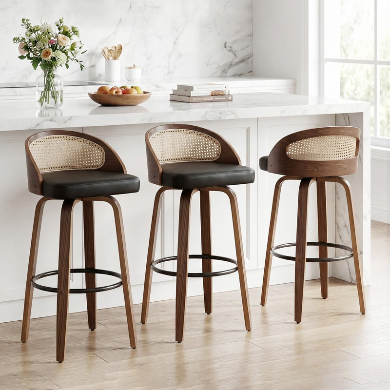 Swivel Upholstered Faux Leather Bar Stool with Solid Wood Frame, Black Faux Leather, Bar Stool (76.2cm Seat Height)
