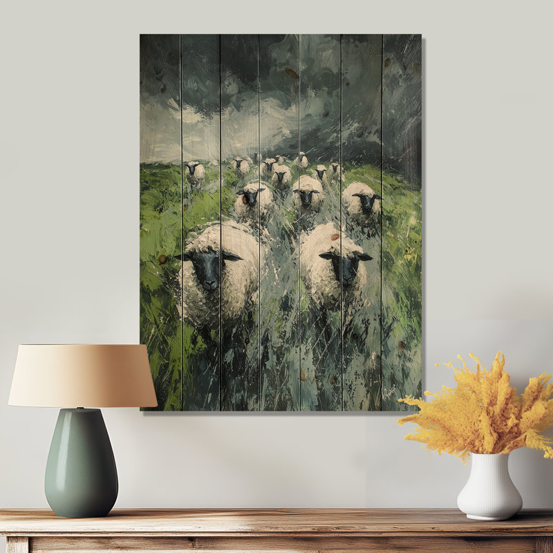 Stormy Pasture Of Sheep II - Impression sur bois de mouton - sur bois de pin naturel, H 40 po x l 30 po x P 0,78 po