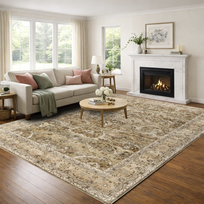 Machine Washable Vintage Oriental Area Rug Non-Slip Backing Brown/Beige Indoor Carpet for Living Room, Bedroom, Hallway Runner