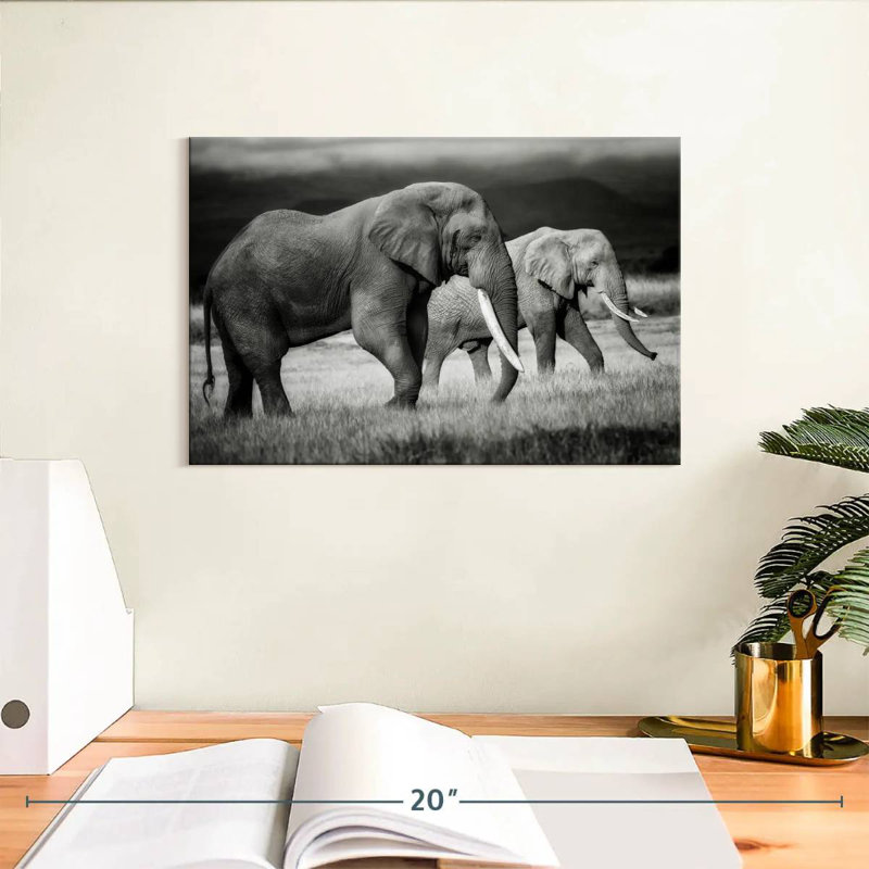 Grazing Kenyan Elephants, 8" H x 12" W