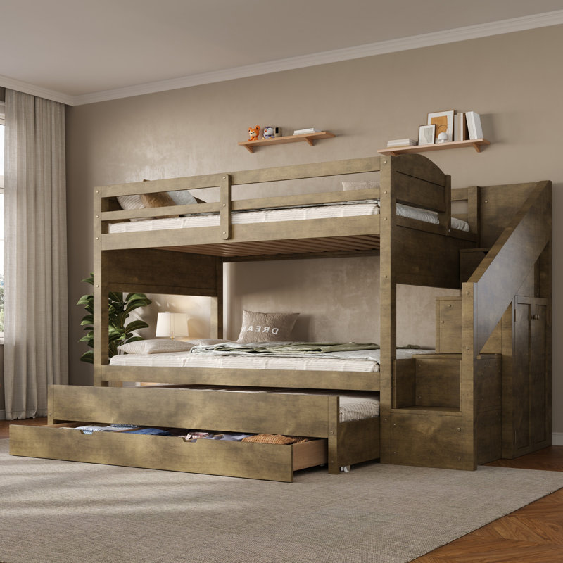 Lit simple superposé simple avec lit gigogne, 3 tiroirs de rangement, escalier de rangement et garde-robe, lit peu encombrant en bois de pin, noyer
