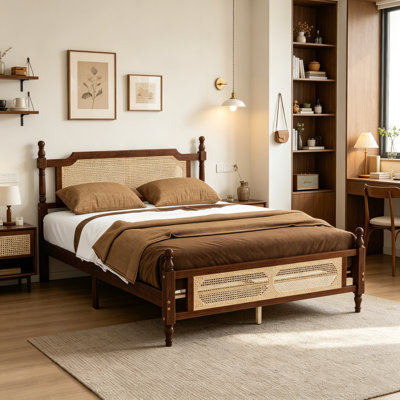 Rattan Bed Frame with Headboard and Footboard, Mid-Century Modern Platform Bed with Woven Cane Webbing, No Box Spring Needed, Walnut, Queen Size