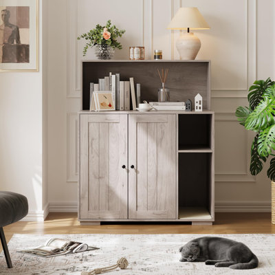 Large Hidden Cat Litter Box Enclosure Furniture – Litter Collector – Dog-Proof Adjustable Shelf – Mark Pad – Charging Outlet – Fits Self-Cleaning Litter Boxes – Indoor Cat House – Side Table – Color: Gray