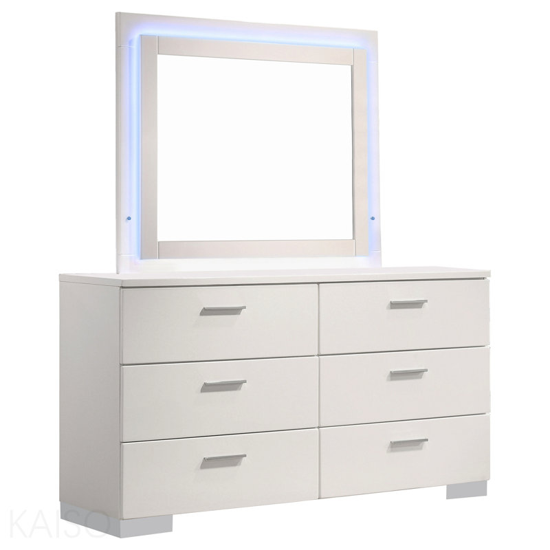 Commode 6 tiroirs blanche brillante avec miroir à DEL