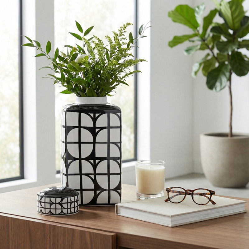 Pot de table géométrique en céramique avec couvercle pour la décoration intérieure, H 18 po x l 9 po x P 9 po, Noir / blanc