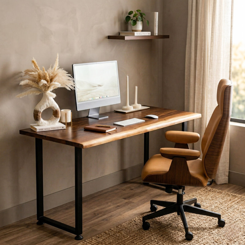 Live Edge Desk with Solid Walnut Top and Metal U Legs, 29.3" H x 48" W x 27" D