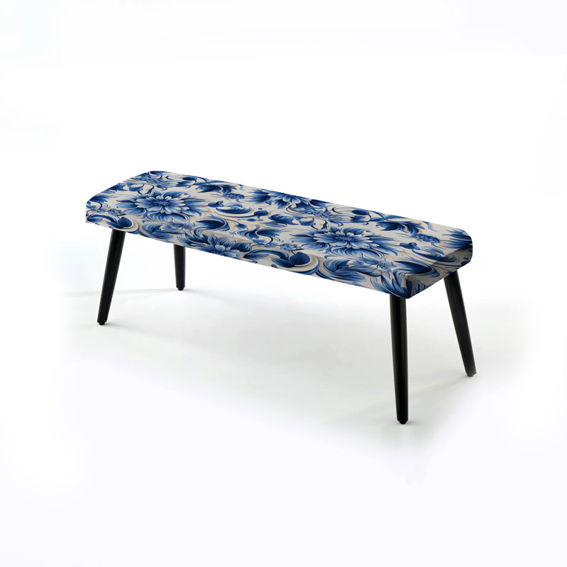 Botanical Upholstered Black Bench, Blue And White Manx Mosaic Flowers