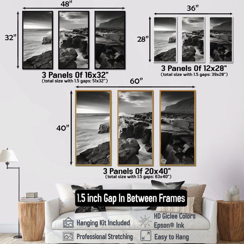 «Black and White Rocky Beach Horizon I - Coastal Minimalisme, ensemble d'art sur toile, Cadre flottant blanc
