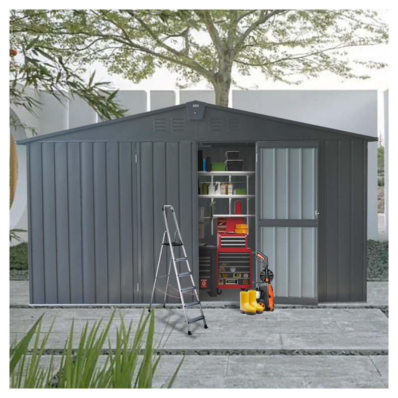 11' x 12.5' Galvanized Steel Outdoor Storage Shed with Windows & Lockable Doors - Dark Gray Metal Garden Utility Tool House