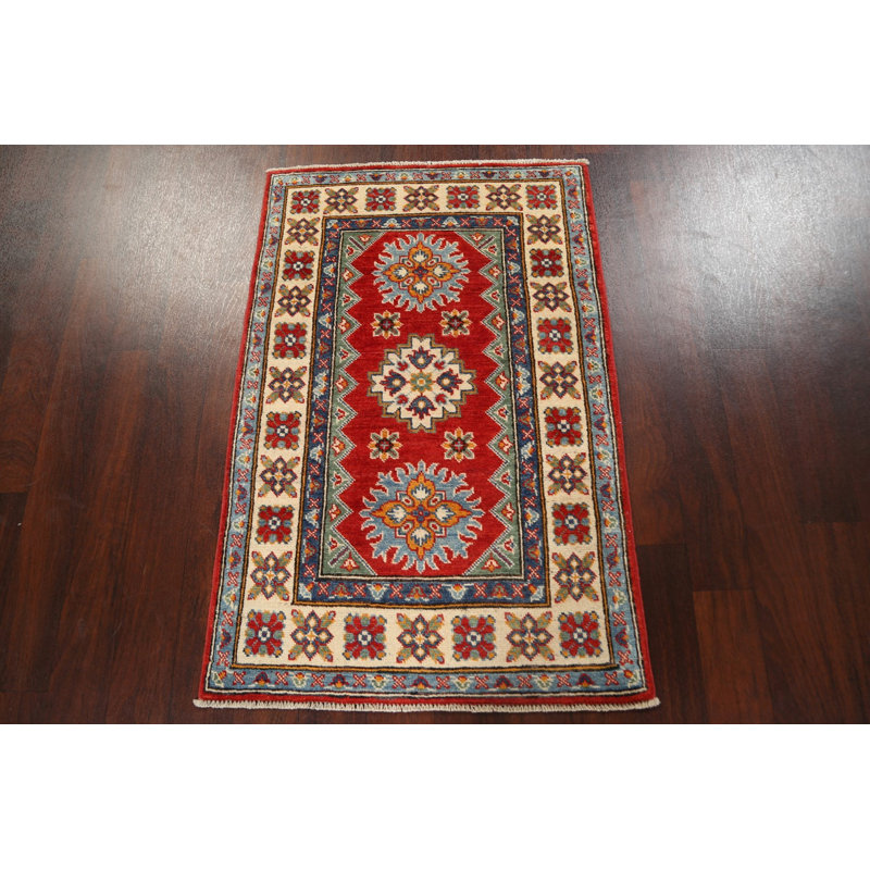Tapis rouge en laine noué à la main de conception unique 2 pi 8 po x 4 pi 1 po New Age