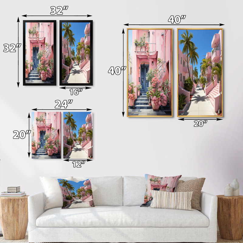 «Pink Miami Artful Facades», 2 pièces roses, H 40 po x l 40 po, Toile tendue