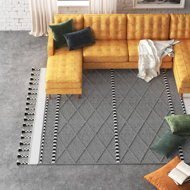 Jerseytown Hand Loomed Wool/Cotton Geometric Rug in Gray/Ivory/Black, Rectangle 6' x 9'