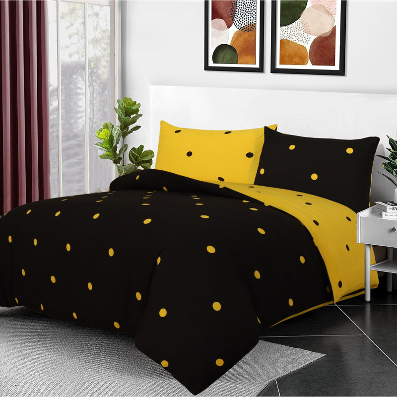 Microfiber Duvet Cover Set with Pillowcases Included, 2, Single Duvet Cover Set + 2 Pillowcases, Black/Yellow Doted