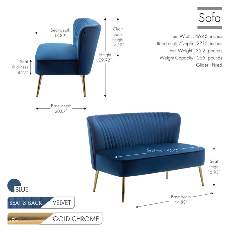 Delmon Velvet Loveseat with Gold Chrome Legs, Blue Velvet