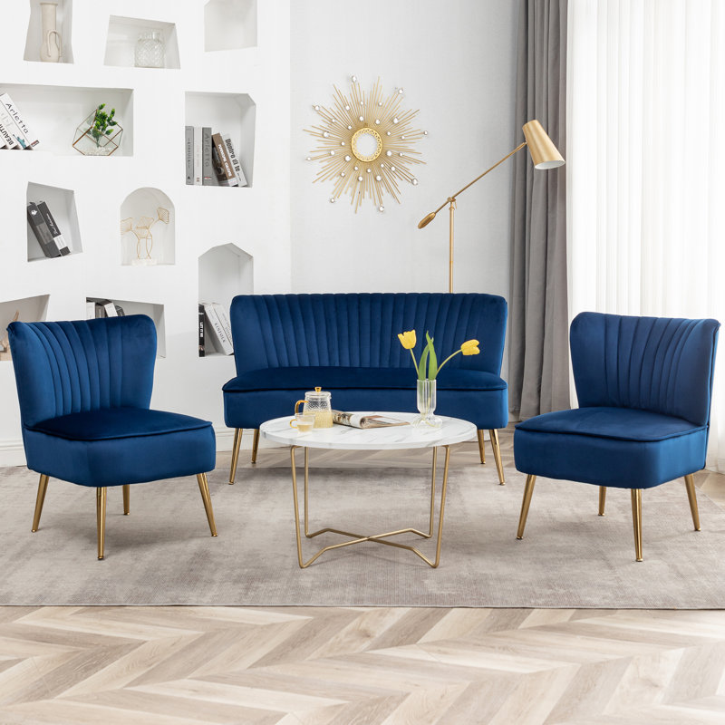 Delmon Velvet Loveseat with Gold Chrome Legs, Blue Velvet