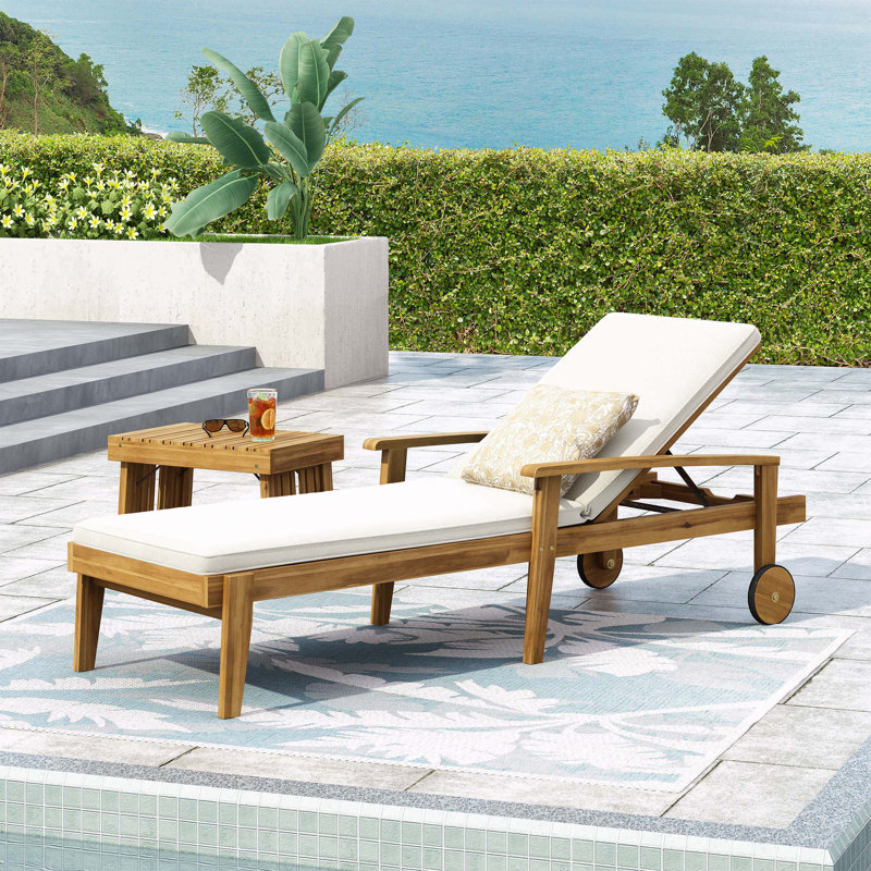 Strausbaugh Outdoor Acacia Wood Chaise Lounge , Cushion Included, Cream/Natural