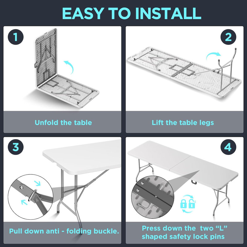 Folding Table Picnic Table, Portable Camping Table with Handle and Safety Lock, Foldable Dining Table Plastic Dining Table for Indoor and Outdoor Use, Suitable for Camping, Picnics and Parties